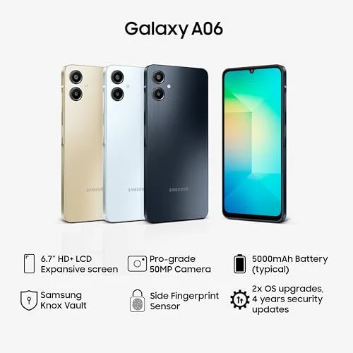 Samsung Galaxy A06 LTE (Black, 4GB RAM, 64GB Storage) | 50MP Dual Camera | 4 Gen OS Upgrades | IP54 Rating | Voice Focus | International Version