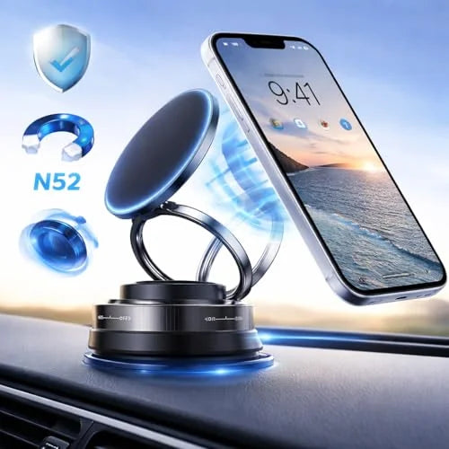 Car Phone Holder | Magnetic Suction Cup with Strong Base | Foldable Mobile Holder for Car Dashboard & Desk | Adjustable Phone Stand for iPhone & Smartphones | Car Desk Kitchen Travel Use 360degree