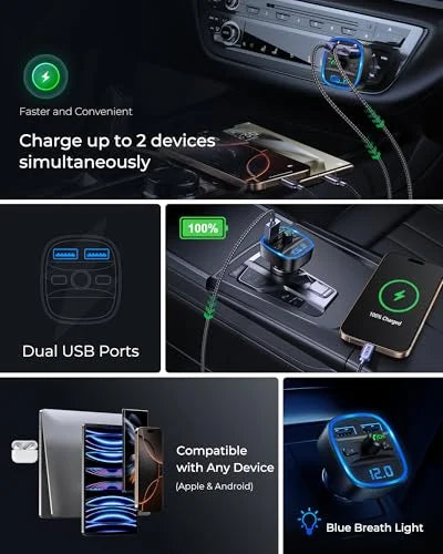 LENCENT Bluetooth FM Transmitter Wireless Radio Adapter Car Kit with Dual USB Charging Car Charger MP3 Player Support TF Card & USB Disk