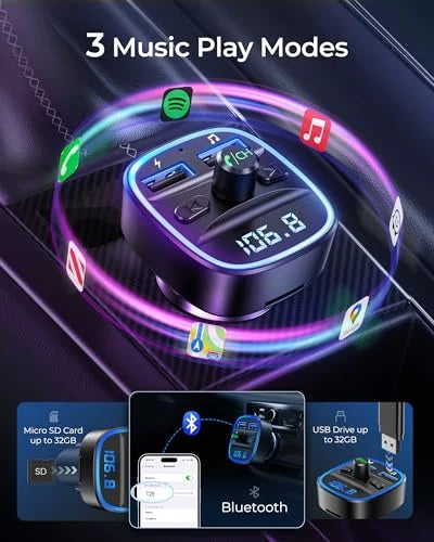 LENCENT Bluetooth FM Transmitter Wireless Radio Adapter Car Kit with Dual USB Charging Car Charger MP3 Player Support TF Card & USB Disk